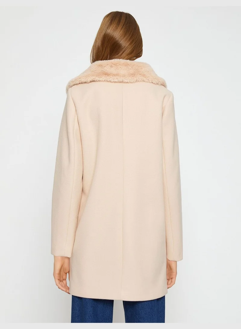 KOTON Zipper Coat Faux Fur Detail