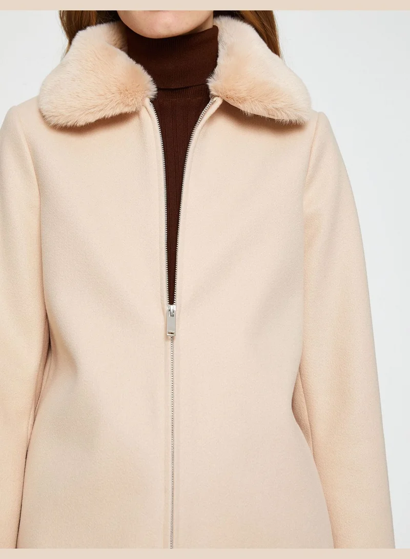 KOTON Zipper Coat Faux Fur Detail