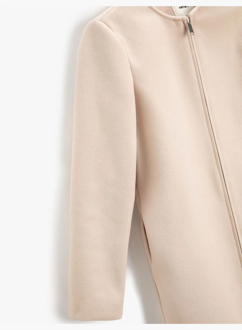 KOTON Zipper Coat Faux Fur Detail