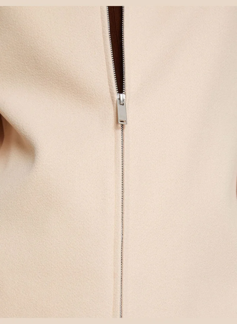 KOTON Zipper Coat Faux Fur Detail