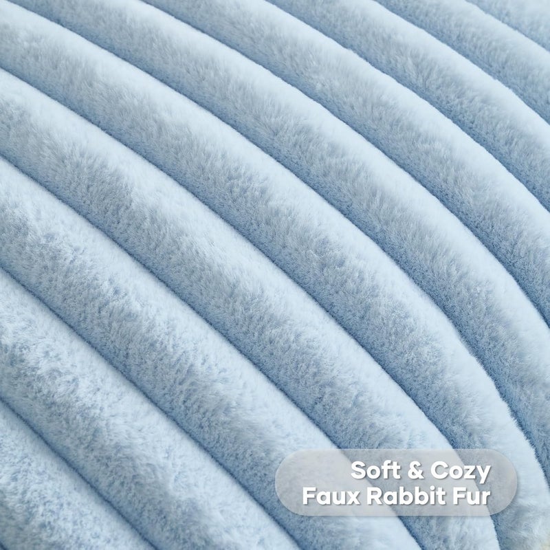 FUTEI Light Blue Throw Pillow Covers Set of 2, 24x24 Inch Soft Faux Rabbit Fur Striped Texture European Cushion Cases, Modern Decorative Couch Pillows for Living Room Bed - Image 2