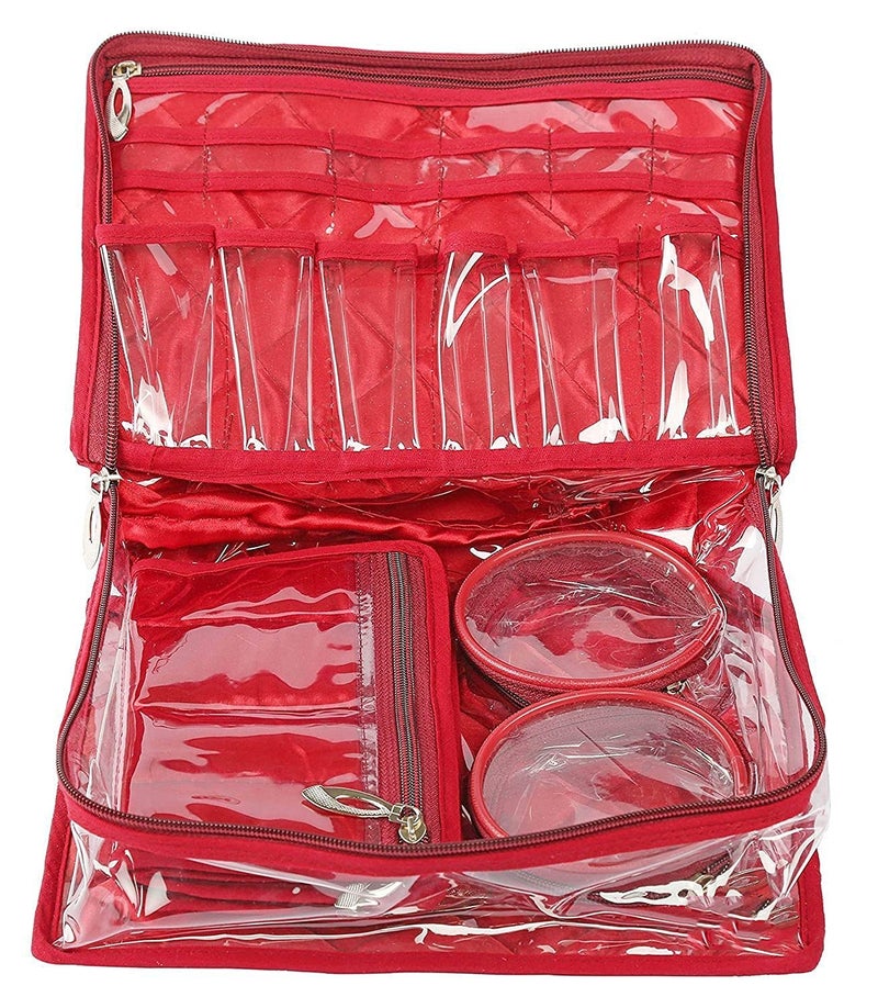 LUCES Satin Makeup Pouches Vanity Jewellery Traveling Organizer Storage Box Cosmetic Bag it along anywhere easily For Women Maroon - Image 2