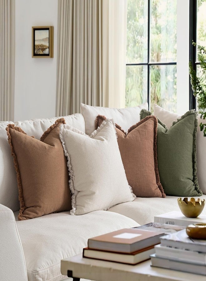 MIULEE Decorative Throw Pillow Covers Neutral Brown Linen Fringe Throw Pillows Set of 4 Boho Farmhouse Cushion Covers with Tassels for Couch Sofa Bed Living Room Spring Home Decor 20x20 Inch - Image 3