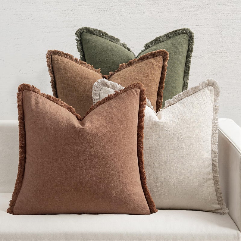 MIULEE Decorative Throw Pillow Covers Neutral Brown Linen Fringe Throw Pillows Set of 4 Boho Farmhouse Cushion Covers with Tassels for Couch Sofa Bed Living Room Spring Home Decor 20x20 Inch - Image 1