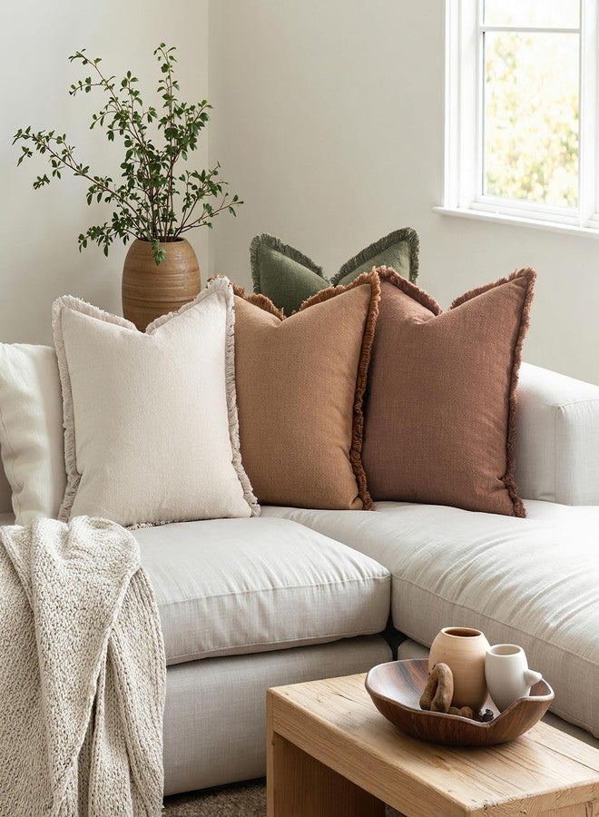MIULEE Decorative Throw Pillow Covers Neutral Brown Linen Fringe Throw Pillows Set of 4 Boho Farmhouse Cushion Covers with Tassels for Couch Sofa Bed Living Room Spring Home Decor 20x20 Inch - Image 4