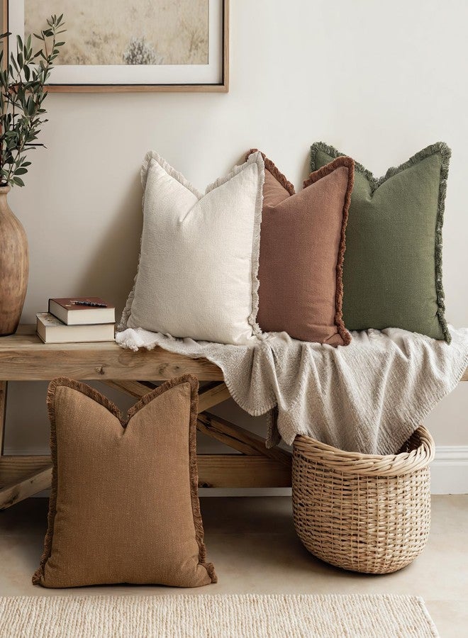 MIULEE Decorative Throw Pillow Covers Neutral Brown Linen Fringe Throw Pillows Set of 4 Boho Farmhouse Cushion Covers with Tassels for Couch Sofa Bed Living Room Spring Home Decor 20x20 Inch - Image 2
