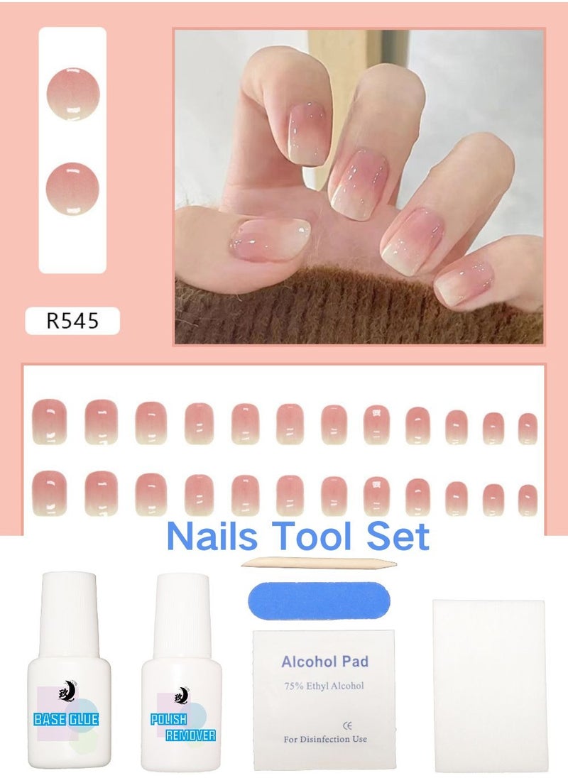 ponny 24 Pieces False Nails with Glue Tool Set Mixing colors Gentle Red and Pink Press on Nails Simple Salon Nails French Style Nude Colour Cosmetics Makeup Nails for Ladies Girls Gift  - Image 1