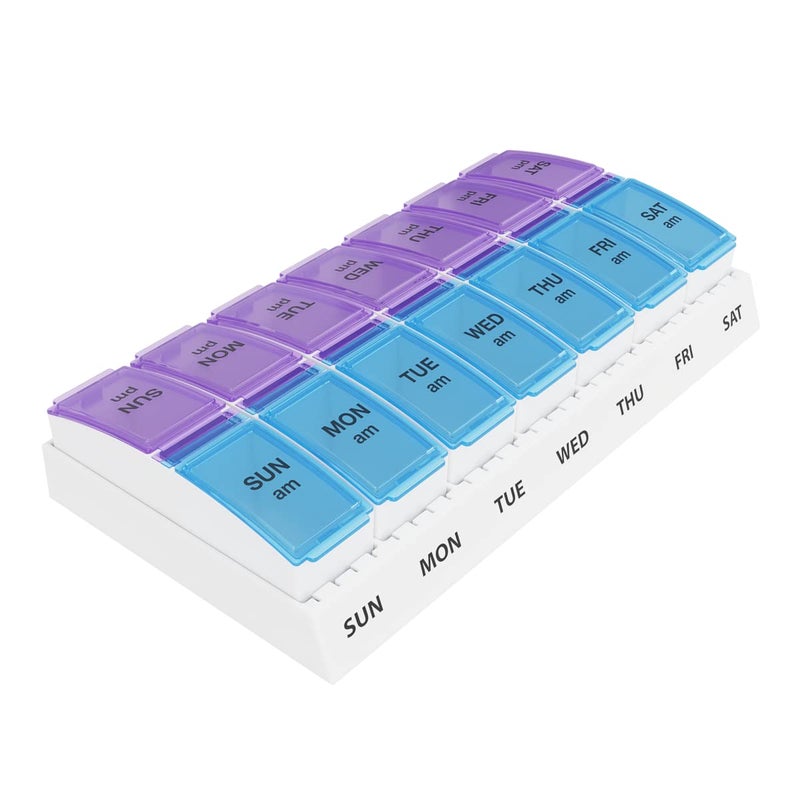 Ezy Dose Weekly (7-Day) AM/PM Pill Organizer, Vitamin and Medicine Box, Small Pop-out Compartments, 2 Times a Day, Blue and Purple Lids - Image 1