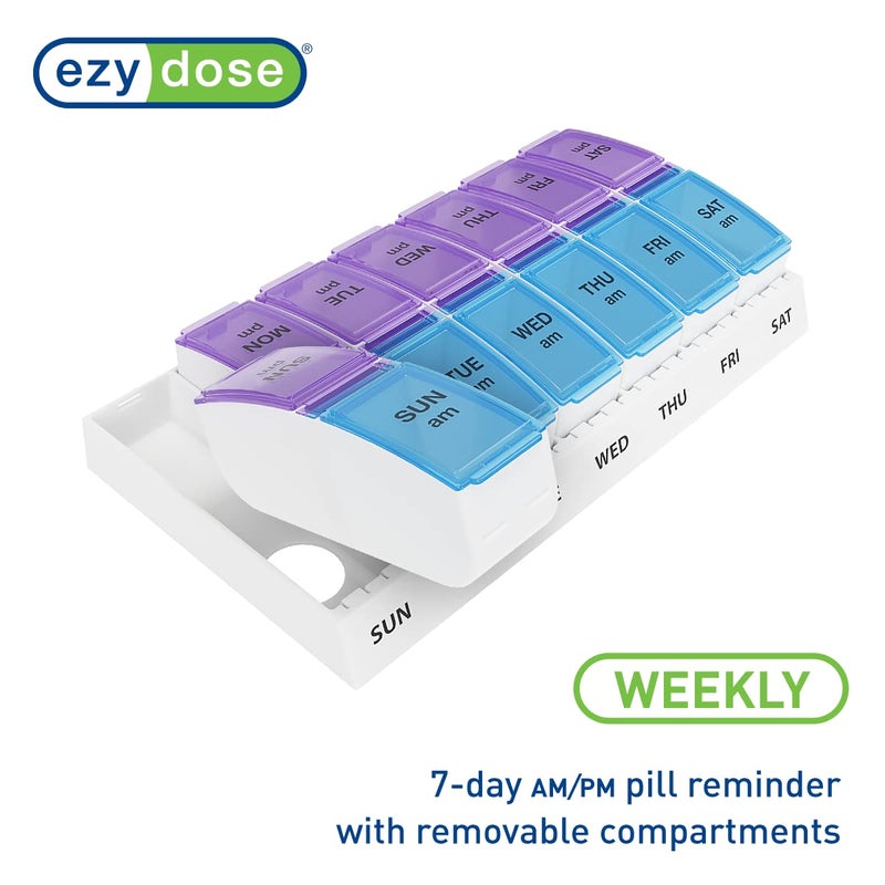 Ezy Dose Weekly (7-Day) AM/PM Pill Organizer, Vitamin and Medicine Box, Small Pop-out Compartments, 2 Times a Day, Blue and Purple Lids - Image 5