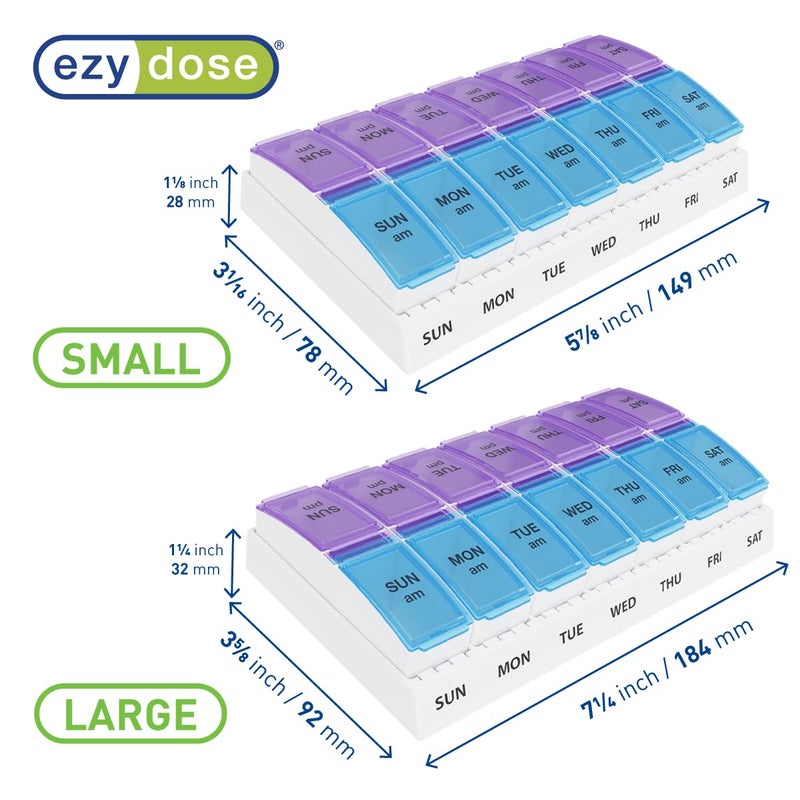 Ezy Dose Weekly (7-Day) AM/PM Pill Organizer, Vitamin and Medicine Box, Small Pop-out Compartments, 2 Times a Day, Blue and Purple Lids - Image 3