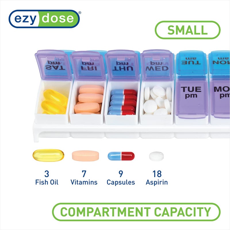 Ezy Dose Weekly (7-Day) AM/PM Pill Organizer, Vitamin and Medicine Box, Small Pop-out Compartments, 2 Times a Day, Blue and Purple Lids - Image 2