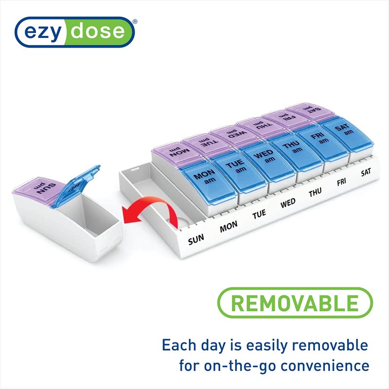 Ezy Dose Weekly (7-Day) AM/PM Pill Organizer, Vitamin and Medicine Box, Small Pop-out Compartments, 2 Times a Day, Blue and Purple Lids - Image 4