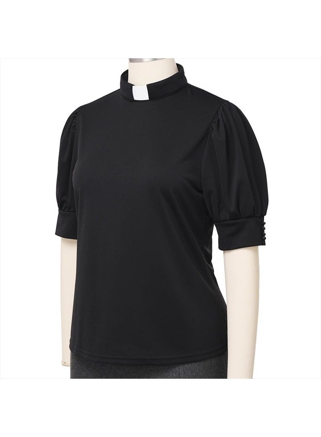 CAMDOM Womens Church Clergy Shirt Tab Collar Short Puff Sleeves with Cufflinks Blouse Top Black - Image 5