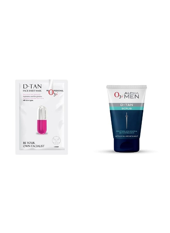 O3+ Facialist Dtan Face Sheet Mask (30g) & O3+ ALPHA MEN Acno D-TAN Scrub With Hyaluronic & Mint 50g - Detan Scrub for TAN removal Combo - Image 1