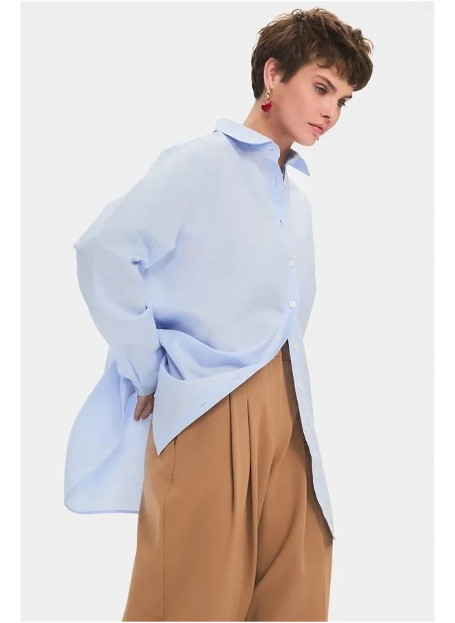 جون June Women Oversize Linen Blend Shirt Blue