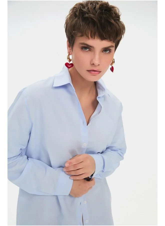جون June Women Oversize Linen Blend Shirt Blue