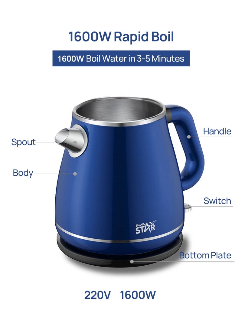Winning Star Electric Kettle Tea Pot Coffee Pot Double Wall Hot Water Boiler Heater Fast Heating Cool Touch Electric Teapot Automatic Shutoff Dry Boil Protection 1.8L 1600W Blue  - Image 4