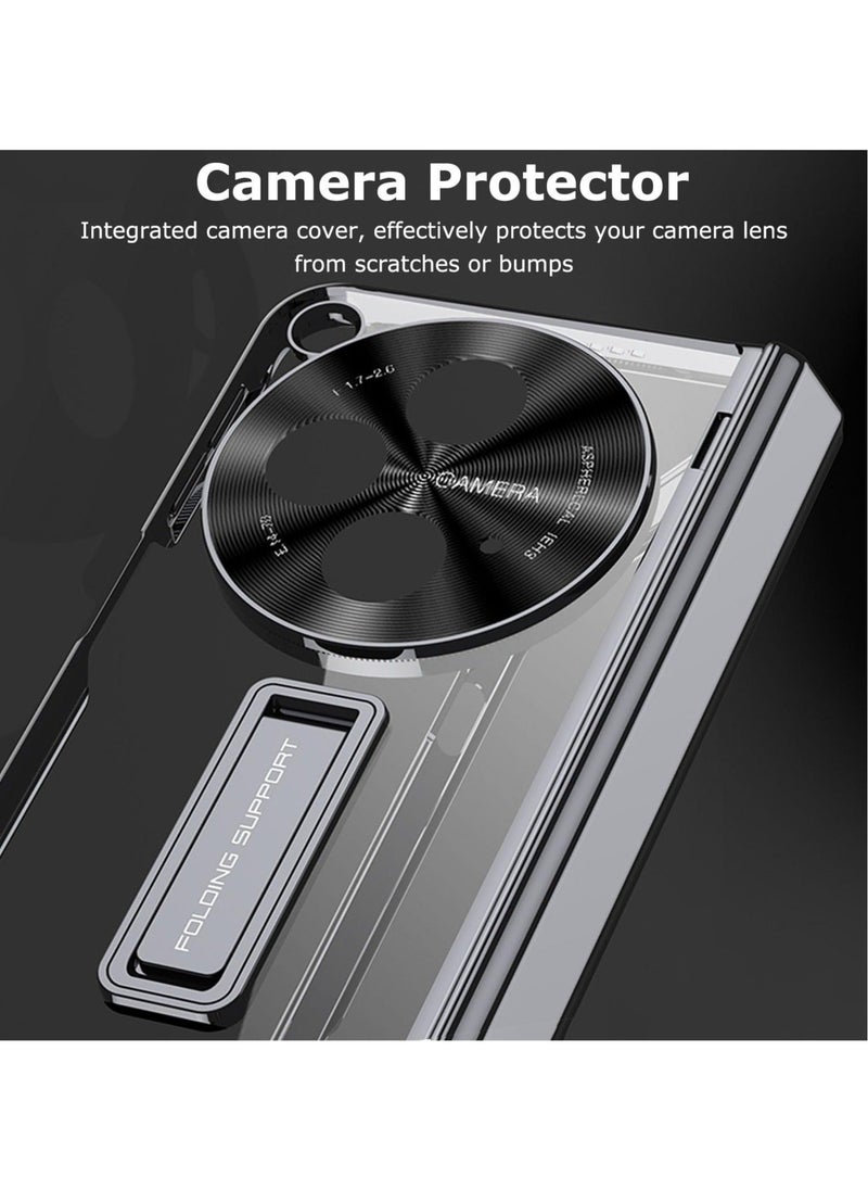 Clear Case for OnePlus Open with Magnetic Hinge Protection, Includes Built-In Screen and Camera Protector, Crystal Clear, Slim Hard PC, Kickstand Feature, Cover for One Plus Open 2023, Black