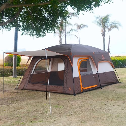 KTT Extra Large Tent 12 Person,Family Cabin Tents,2 Rooms,3 Doors and 3 Windows with Mesh,Straight Wall,Waterproof,Double Layer,Big Tent for Outdoor,Picnic,Camping,Family Gathering(Brown) - Image 4