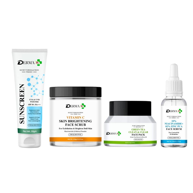 DERMAKR مجموعة العناية بالبشرة DERMA KR واقي شمس هيالورونيك 50 جرام، قناع وجه شاي أخضر 50 جرام، مقشر بشرة فيتامين C 100 جرام، سيروم نياسيناميد 30 مل - Image 1
