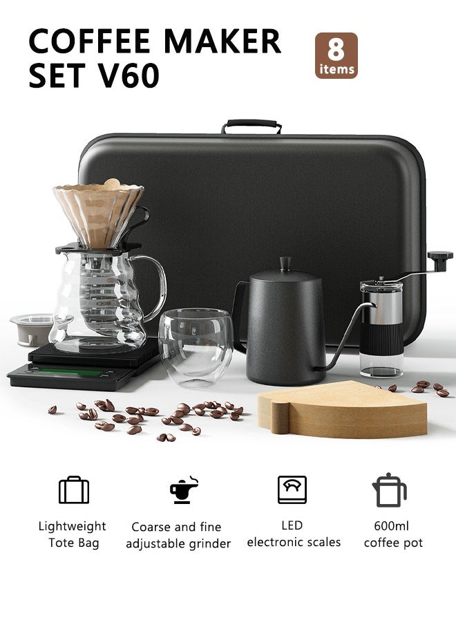 Bolivia's V60 Hand Drip Coffee Set, Manual Pour Over Drip Coffee Maker Set, 8 Piece Coffee Accesspries with Portable Carry Case,  Coffee Scale, Coffee Pot, Coffee Filter, Coffee Grinder  - Image 1