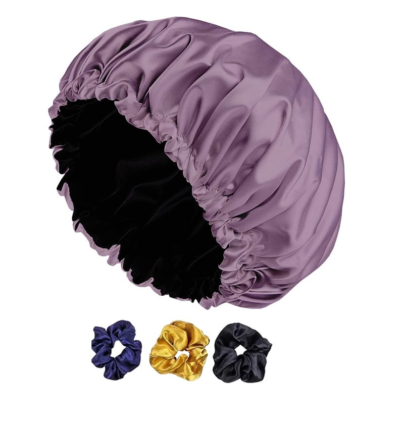 Avirons Silk Hair Cap for Sleeping | Satin Bonnet with Free 3 Scrunches | Silk Bonnet for Hair| Satin Hair Cap for Sleeping| Adjustable Hair Bonnet for Sleeping (Purple) - Image 1
