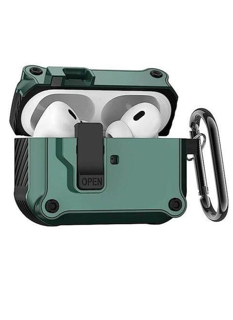 Rugged Case with Latch, Compatible with AirPods 4th Generation NC 2024, Full Body Shockproof Case Auto Open Chain with Lock Clip, Strong Drop Protection, Switch Lock-(Green)