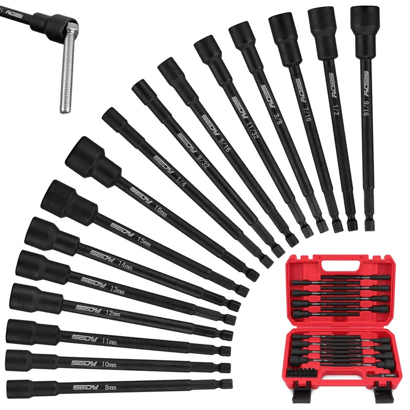 SEDY Nut Driver Impact Bit Set - 31-Piece Magnetic Socket Impact Drill Bit Tool Sets Extra Long Hex Nut Setter Driver Holder - Metric SAE Screwdriver Bits 1/4 Drive Shank Adapter Extension - Image 1