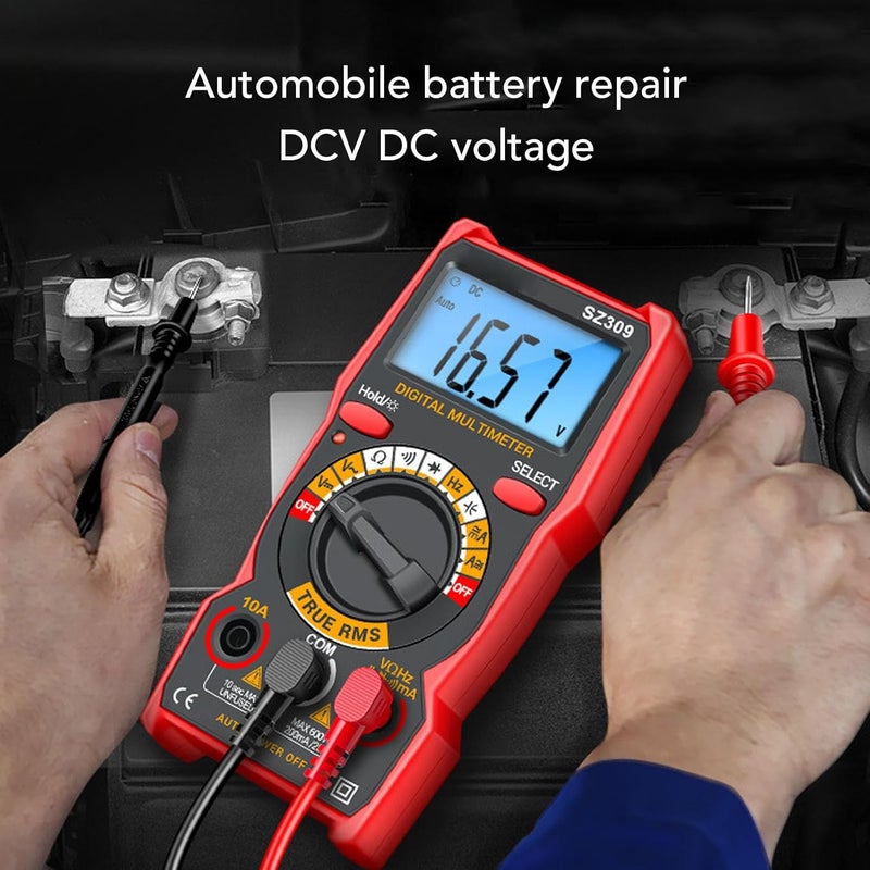 SZ309 Digital Multimeter for DC and AC Measurement - Automotive Battery Voltage Tester - Ohm Volt Amp Meter with HD Backlit Screen and Integrated Folding Bracket - Image 5