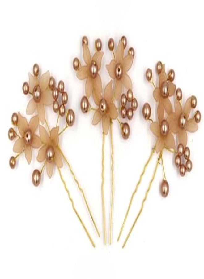 Blubby Artificial Flowers with Pearls Stylish Jooda Pins | decorative Bridal wedding Decorative hair pin | Hair Pin | Hair Jooda Pin | Bridal Hair Pins | Bun Pin, Gold, Pack of 3 - Image 2
