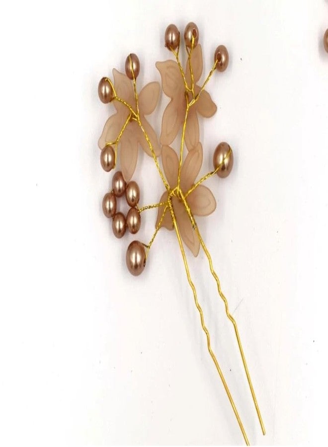 Blubby Artificial Flowers with Pearls Stylish Jooda Pins | decorative Bridal wedding Decorative hair pin | Hair Pin | Hair Jooda Pin | Bridal Hair Pins | Bun Pin, Gold, Pack of 3 - Image 3