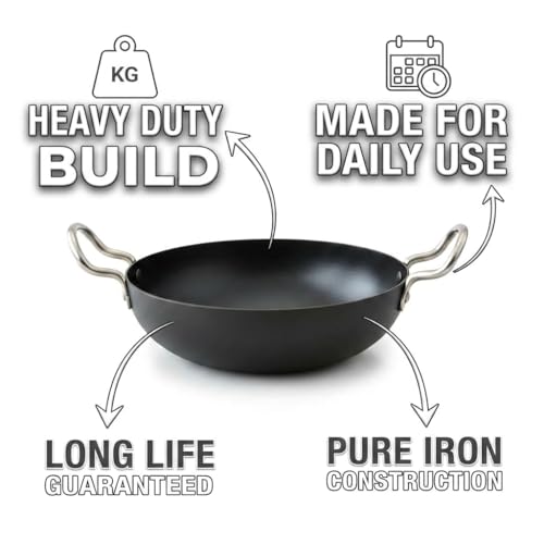 LAZYwindow Pre-Seasoned Traditional Iron Kadhai | Restaurant-Quality Deep Bottom Kadai | 19cm Professional Frying Pan | Authentic Indian Cooking - Image 5