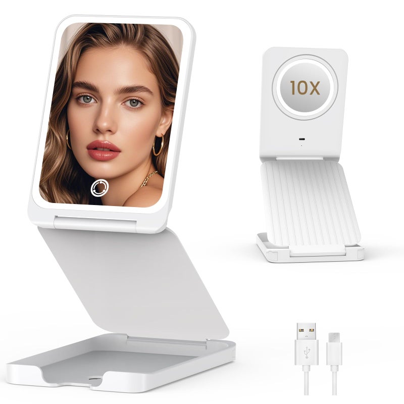 LAMPICK Travel Makeup Mirror with Lights Foldable 1X Vanity Lighted Mirror with 10X Magnification Rechargeable 1500mAh Dimmable Touch Screen Freely Adjust Height and Angle