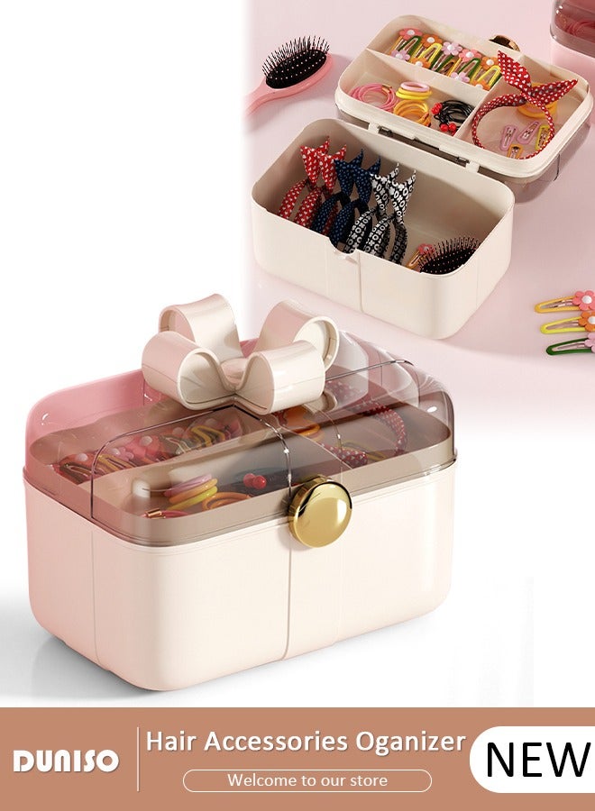 DUNISO 2 Layers Hair Accessories Storage Box with Lid, Hairband Hair Clip Jewelry Organizer, Lockable Desktop Storage Box, Portable Medicine Storage Box, Multipurpose Organizer Case for Hair Clips, Makeup, Sewing Art - Image 1