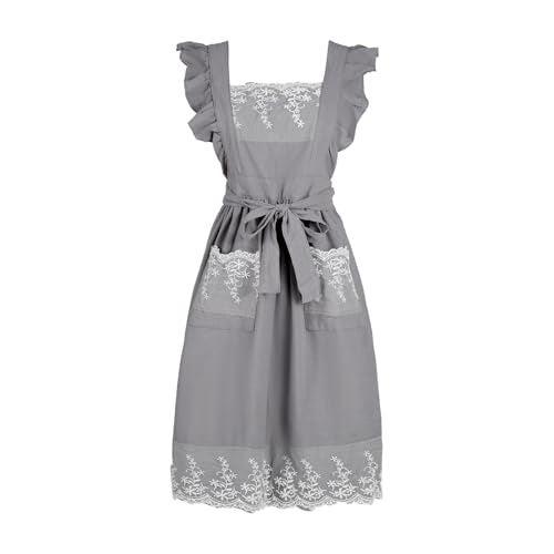 Aoomzoon Aoomzoom Vintage Aprons for Woman with Pockets Cute Lace Ruffle Adjustable Apron for Cooking Kitchen Baking Gardening (Sky Grey) - Image 1