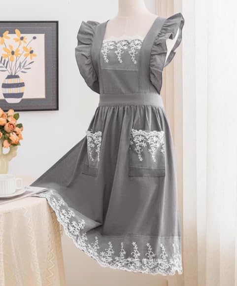 Aoomzoon Aoomzoom Vintage Aprons for Woman with Pockets Cute Lace Ruffle Adjustable Apron for Cooking Kitchen Baking Gardening (Sky Grey) - Image 2