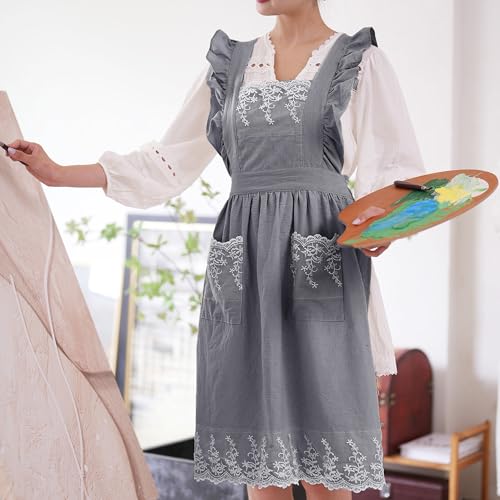 Aoomzoon Aoomzoom Vintage Aprons for Woman with Pockets Cute Lace Ruffle Adjustable Apron for Cooking Kitchen Baking Gardening (Sky Grey) - Image 3