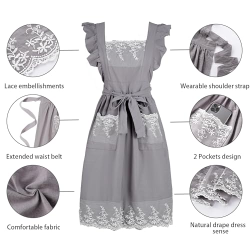 Aoomzoon Aoomzoom Vintage Aprons for Woman with Pockets Cute Lace Ruffle Adjustable Apron for Cooking Kitchen Baking Gardening (Sky Grey) - Image 5