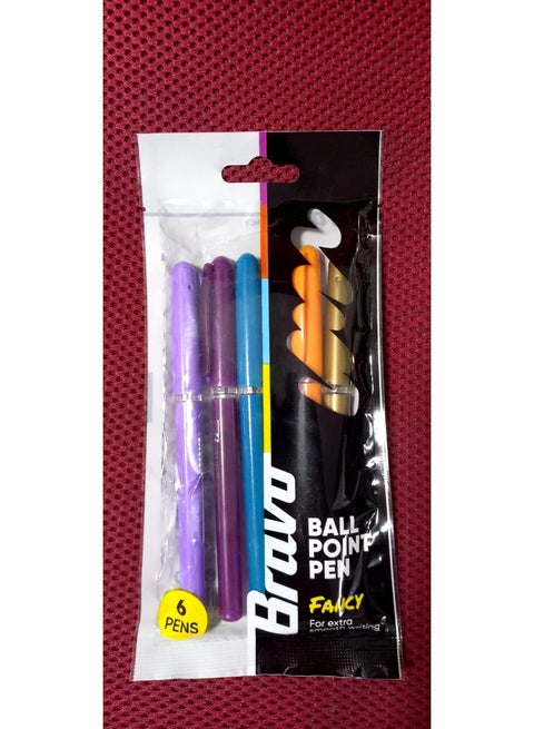 Bravo High Quality Fancy Ball Point Pens Extra Smooth Writing Pack Of 6 Pieces For Office And School - Multi Color