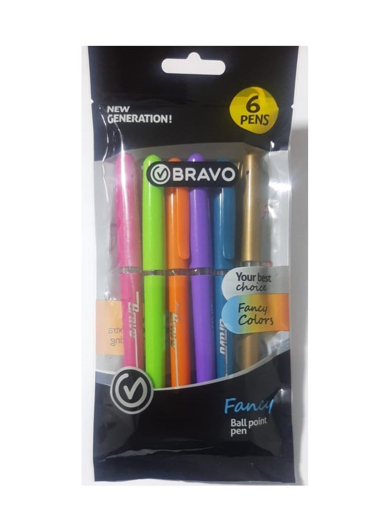 Bravo High Quality Fancy Ball Point Pens Extra Smooth Writing Pack Of 6 Pieces For Office And School - Multi Color - Image 2