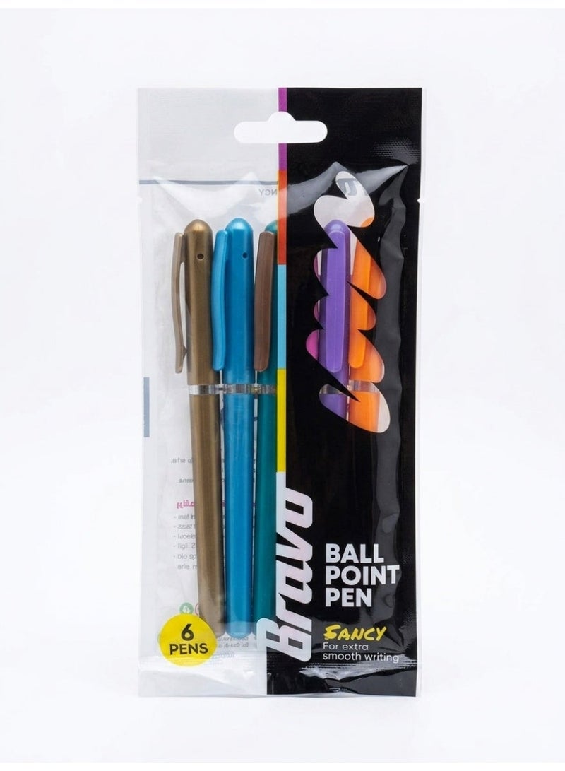 Bravo High Quality Fancy Ball Point Pens Extra Smooth Writing Pack Of 6 Pieces For Office And School - Multi Color - Image 1