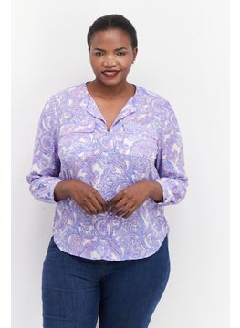 Women Plus Size Split Neck Long Sleeve All Over Printed Top, Purple