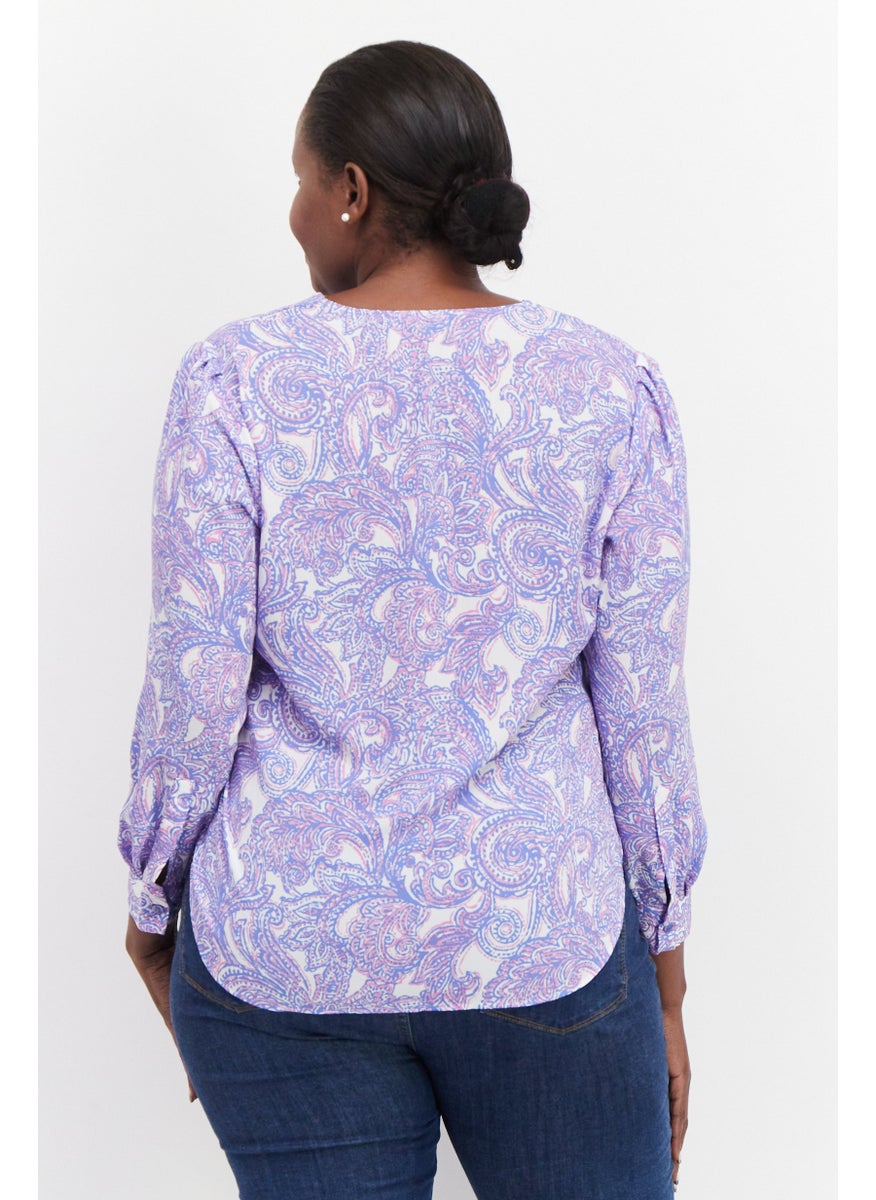 Jones New York - Women Plus Size Split Neck Long Sleeve All Over Printed Top, Purple - Image 1