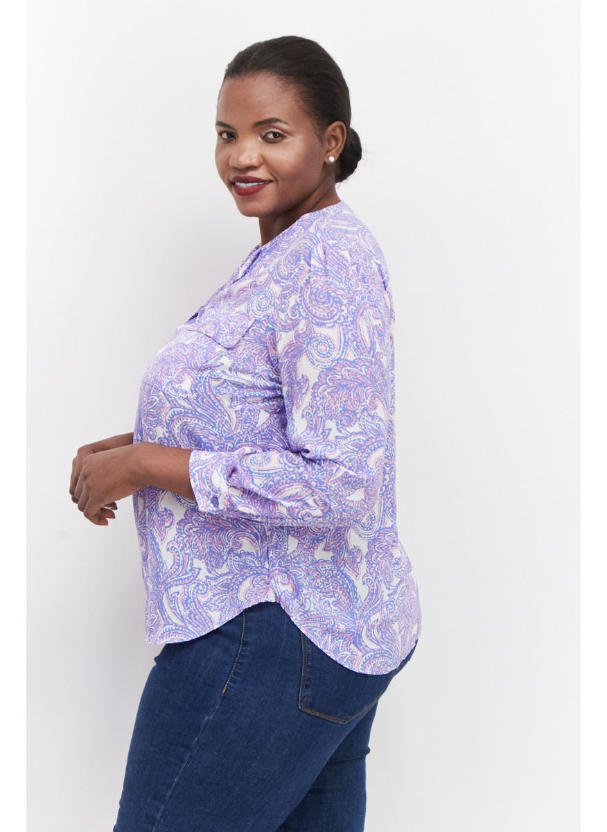 Jones New York - Women Plus Size Split Neck Long Sleeve All Over Printed Top, Purple - Image 1