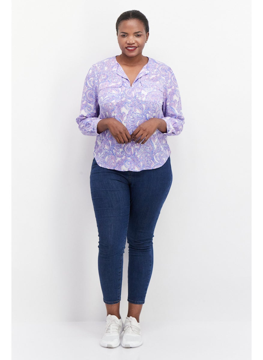 Jones New York - Women Plus Size Split Neck Long Sleeve All Over Printed Top, Purple - Image 1