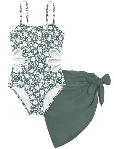 TALLWH Girl Swimsuit Bathing Suits Size 8-10 Printed Adjustable Straps Cut Out One Piece Swimsuit with Solid Color Cover Up Skirt Girls' Swimwear - Image 1