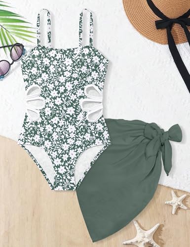 TALLWH Girl Swimsuit Bathing Suits Size 8-10 Printed Adjustable Straps Cut Out One Piece Swimsuit with Solid Color Cover Up Skirt Girls' Swimwear - Image 4