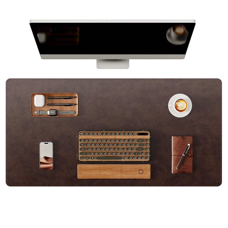 YSAGi Genuine Leather Desk Mat, 35.4"X17" Office Desk Pad, Thick Premium Table Pad with Stitched Line, Non-Slip Laptop Writing Pad with Rubber Base (Dark Brown, 35.4"x17") - Image 1