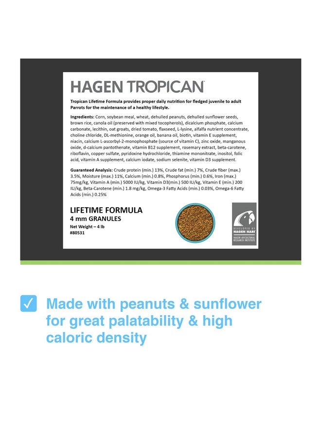 Hari Hari Hagen Tropican Lifetime Formula Parrot Food, 4 lb Parrot Food with Peanuts & Sunflower Seeds and Balance Nutrition Levels  - Image 2