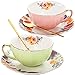 Lyellfe Set of 2 Tea Cup and Saucers, 8 Oz Floral Tea Cups with Gold Trim and Spoon, Porcelain British Coffee Cups, - Image 2